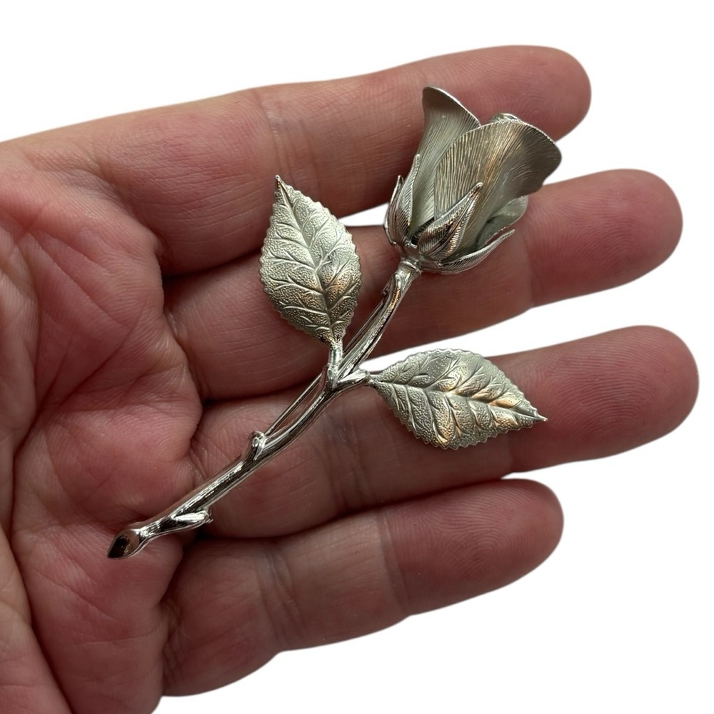 Silver Tone Rose Brooch Pin Floral Design Vintage